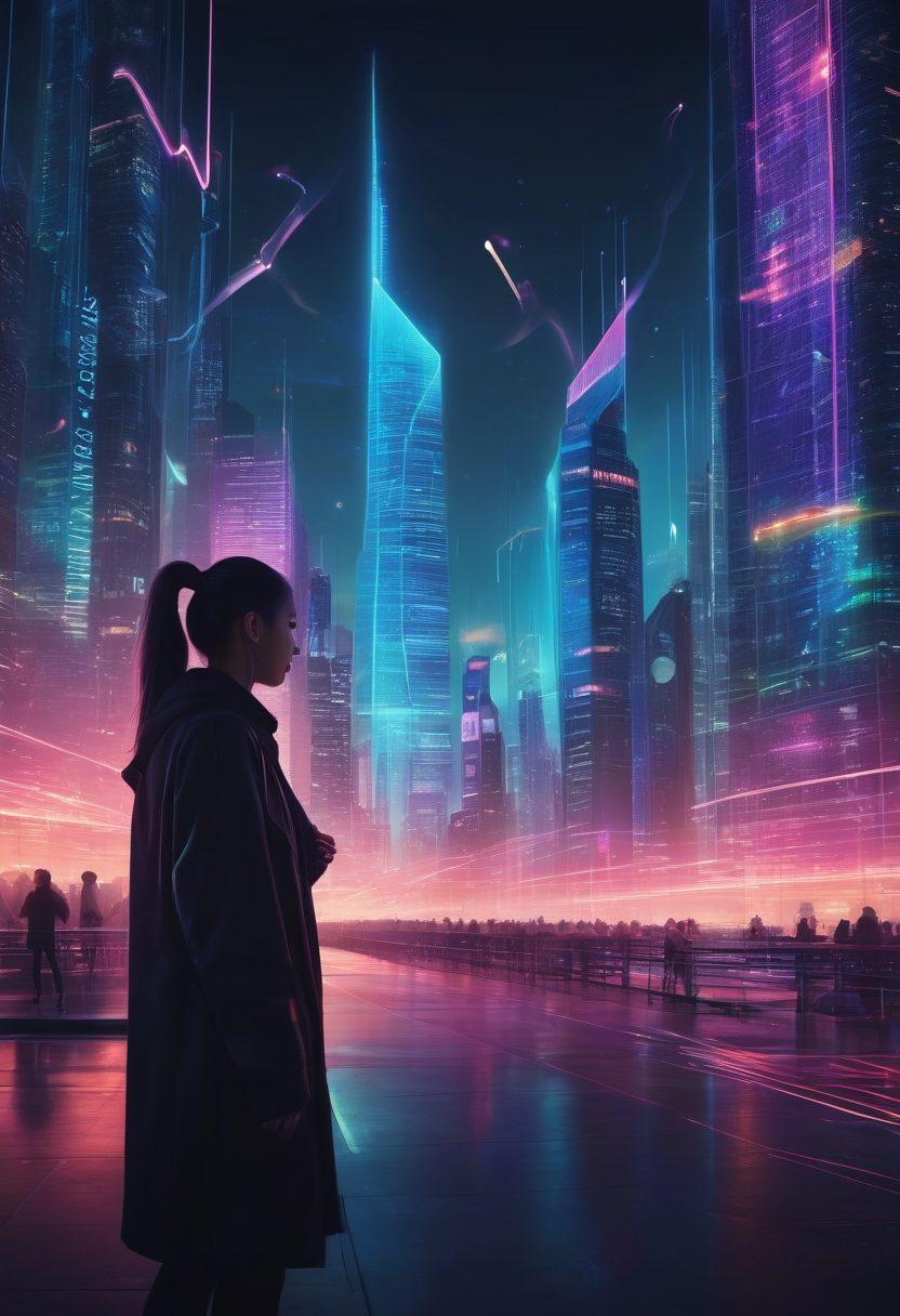 A futuristic city skyline representing the digital evolution of banking, with glowing lines symbolizing network connectivity. Incorporate elements like digital currency symbols and a user interacting with a holographic banking interface. Add a collage of innovative features such as mobile banking icons and security symbols subtly integrated into the scene. Emphasize a sense of trust and technology. vibrant colors. cyberpunk.