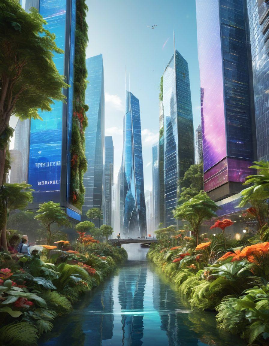 A futuristic city skyline representing internet banking, with digital screens displaying graphs and wealth management tools. A diverse group of people interacting with advanced technology like holograms of bank services, emphasizing accessibility and innovation. Add elements of nature to symbolize sustainable wealth. Bright colors, modern design. super-realistic. vibrant colors. 3D.